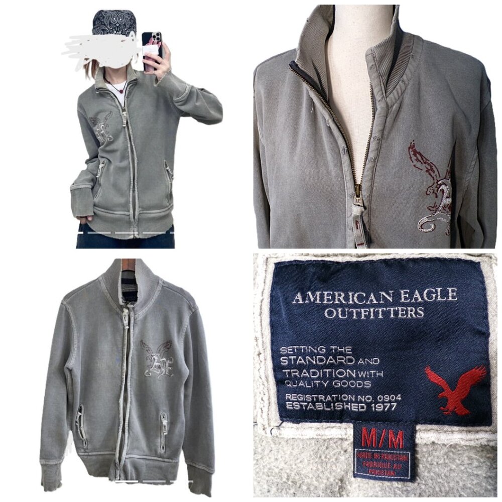 Y2k Men's M American Eagle full ZIp Sweatshirt Gray Heavy Distressed Grunge Vtg